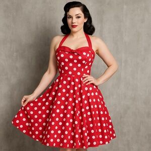 Golightly Red White Polka Dot Halter Fit Flare Dress Rockabilly PinUp Retro‎ USA
